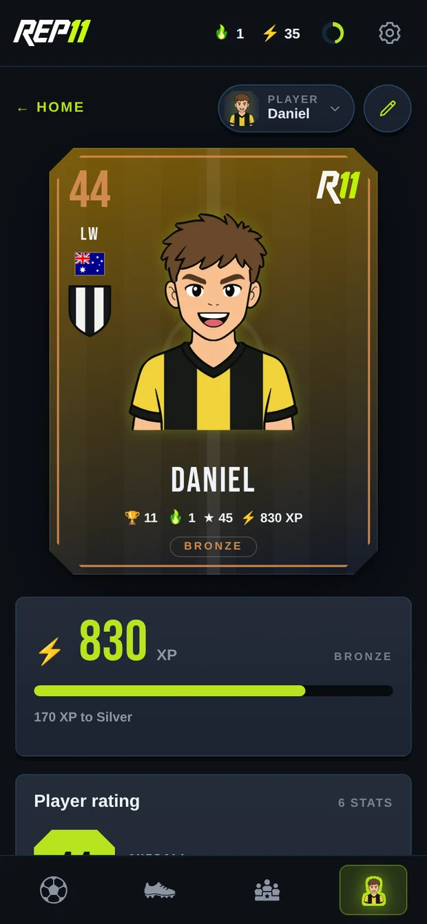 A REP11 player card: rating 44, bronze tier, 830 XP with 170 to silver