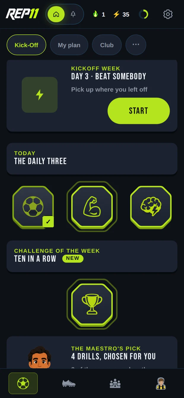 The REP11 home screen: Kickoff Week day three, the Daily Three, and the challenge of the week